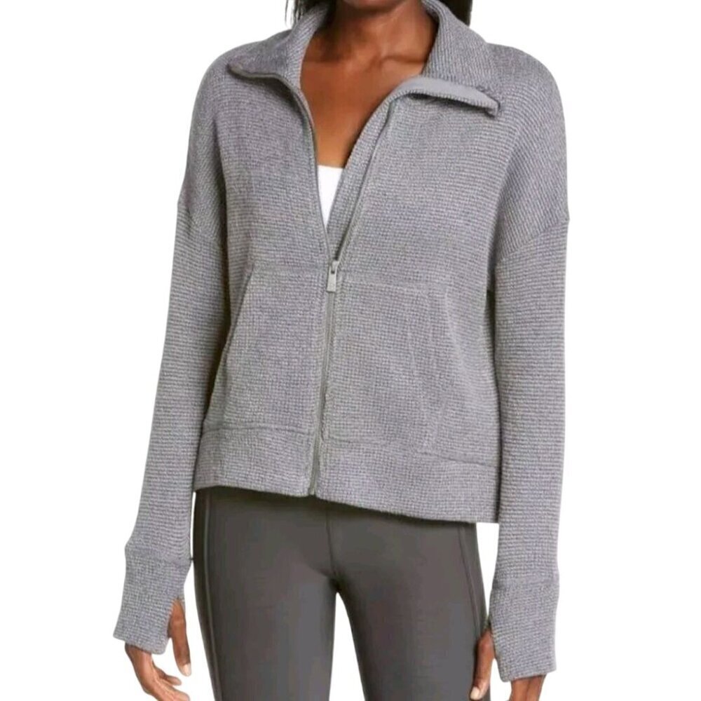 Sweaty Betty Restful Boucle Zip Through Jacket Mock Neck Pockets Charcoal Size M